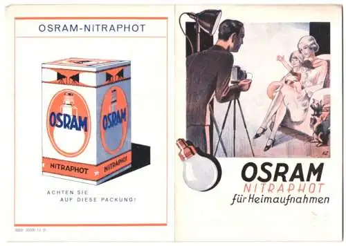 Werbebillet Osram Nitraphot-Glühbirne für Heimaufnahmen, Mann mit Kamera