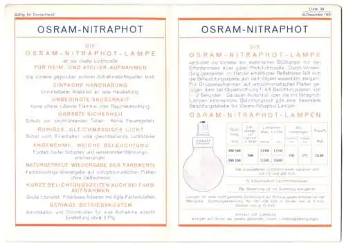 Werbebillet Osram Nitraphot-Glühbirne für Heimaufnahmen, Mann mit Kamera