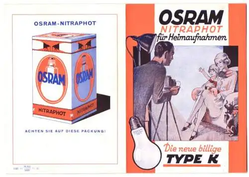 Werbebillet Osram Nitraphot Glühbirne Type K für Heimaufnahmen