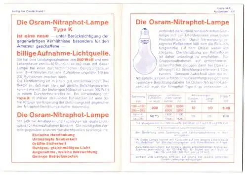 Werbebillet Osram Nitraphot Glühbirne Type K für Heimaufnahmen