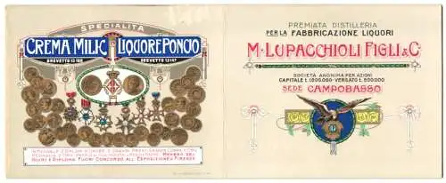 Werbebillet Fabbricazione Liquori M. Lupacchioli Pigli & C., Crema Milk, Liquore Poncio