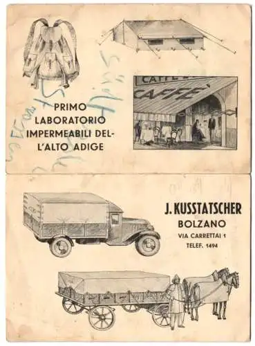 Werbebillet Bolzano, J. Kusstatscher, Via Carrettai 1, Lastwagen und Pferdekutsche