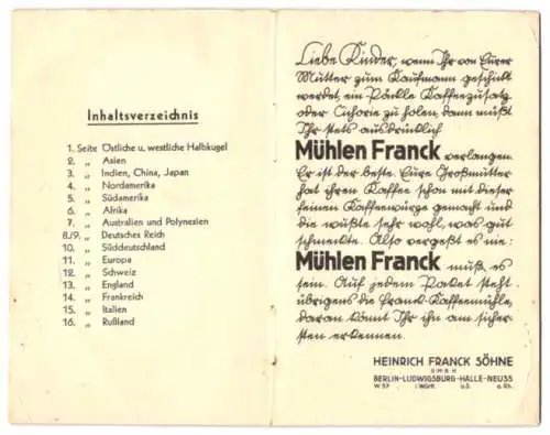 Werbebillet Ludwigsburg /Württemberg, Heinrich Franck Söhne, Mühlen Franck-Kaffeewürze