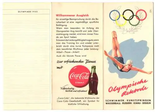 Werbebillet Olympische Rekorde, Olympia 1952, Coca-Cola, Kunstspringerin