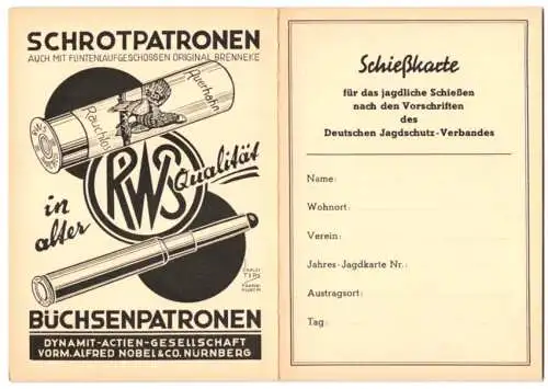 Werbebillet Schrotpatronen und Büchsenpatronen von RWS, Schiesskarte