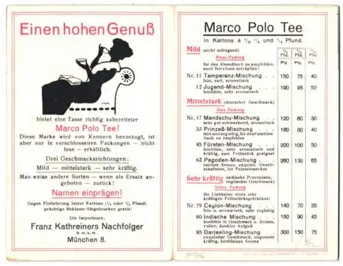 Werbebillet München, Franz Kathreiners Nachfolger, Marco Polo Tee, Preisliste