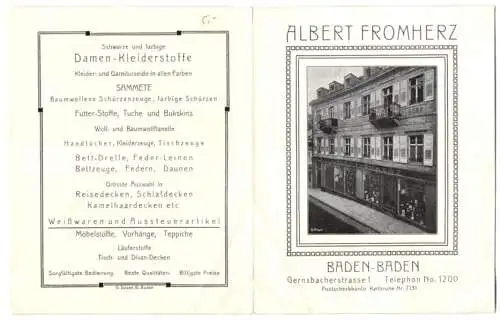 Werbebillet Baden-Baden, Stoffhandlung Albert Fromherz, Gernsbacherstrasse 1