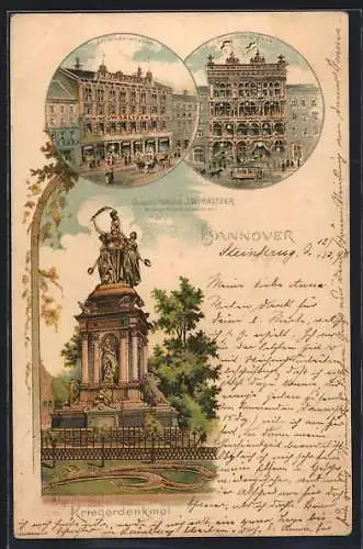 Lithographie Hannover, Geschäftshaus J. W. Sältzer, Seilwinderstrasse, Schmiedestrasse, Kriegerdenkmal