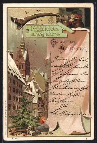 Winter-Lithographie Hannover, Weihnachtsgruss, Partie in der Altstadt