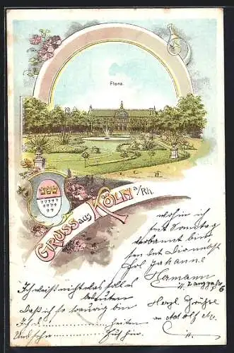 Lithographie Köln-Riehl, Flora mit Park, Wappen