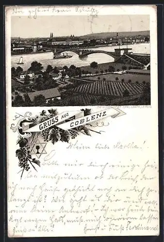 Lithographie Coblenz, Panorama mit Brücke
