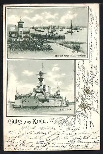 AK Kiel, S.M.S. Aegir liegt im Hafen, Schiffe im Hafen, Landungsbrücke, Kriegsschiff