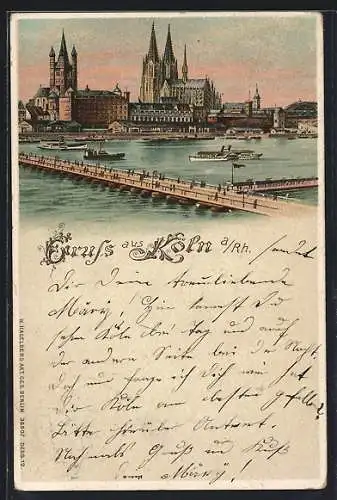 Lithographie Köln a. Rh., Blick über den Rhein zum Dom