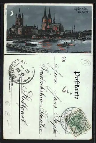 Lithographie Köln a. Rh., Blick über den Rhein zum Dom