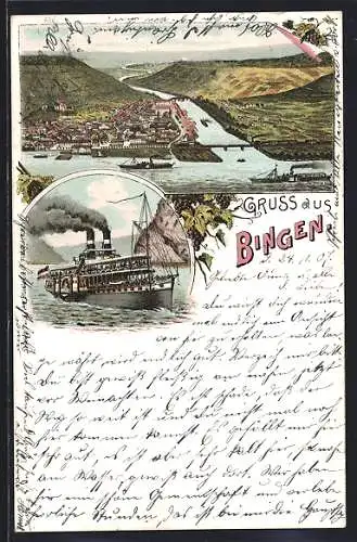 Lithographie Bingen / Rhein, Dampfer und Gesamtansicht