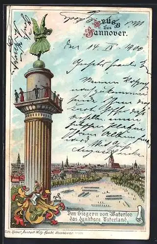 Lithographie Hannover, Blick von der Waterloosäule auf die Innenstadt