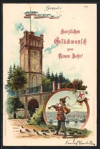 Lithographie Klüt, Brücke mit Turm, Narr mit Blasinstrument