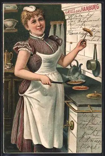 Künstler-AK Hamburg, Dienstmädchen beim Kochen