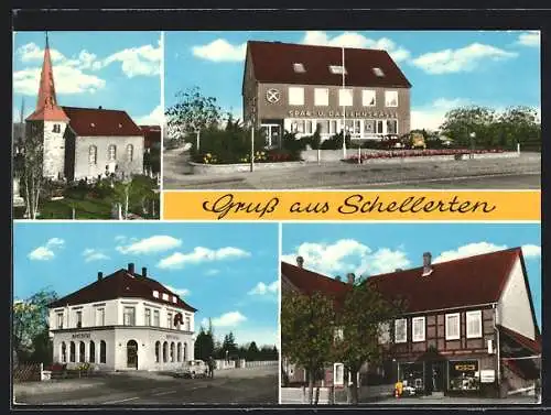 AK Schellerten, Die Kirche, Spar- und Darlehenskasse, Apotheke, Gemischtwarengeschäft