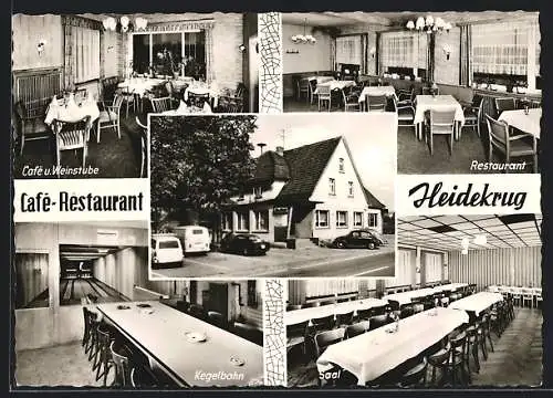 AK Augustdorf, Cafe-Restaurant Heidekrug, Innenansichten Kegelbahn, Saal, Restaurant