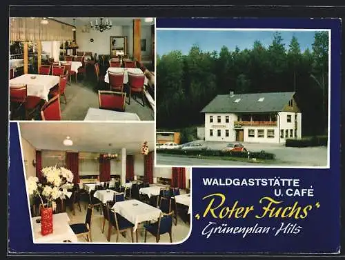 AK Grünenplan im Hils, Waldgaststätte und Café Roter Fuchs v. E. Gimmel, mit Innenansichten