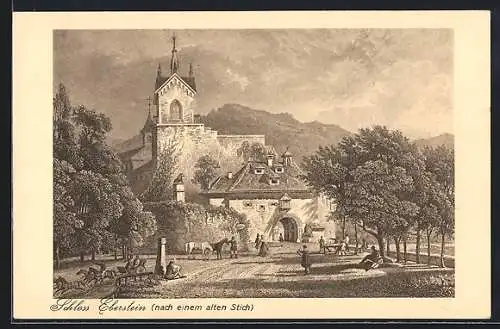 Künstler-AK Eberstein / Gernsbach, Belebte Partie vor dem Schloss