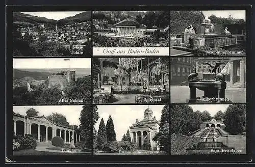 AK Baden-Baden, Kurhaus, Joesphinenbrunnen, Altes Schloss, Reiherbrunnen, Trinkhalle, Rumänische Kapelle