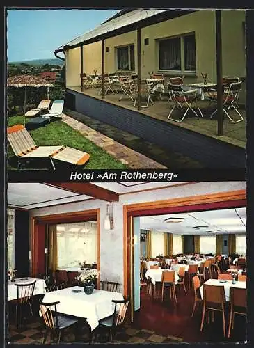 AK Volpriehausen /Solling, Das Hotel Am Rothenberg v. W. Schwarz, Gaststube und Terrasse