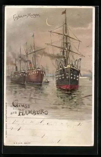 Lithographie Hamburg, Der Hafen am Morgen, Segelschiffe vor Anker, Halt gegen das Licht