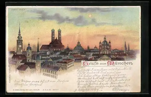 Lithographie München, Frauenkirche, St. Peter, Theatinerkirche, Halt gegen das Licht