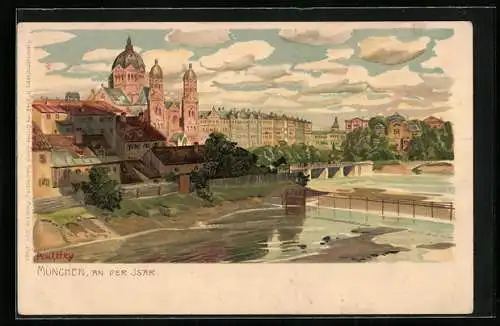 Künstler-Lithographie P. Hey: München, Partie an der Isar