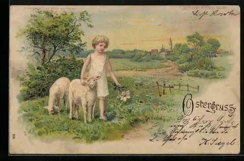Lithographie Ostergruss, Christkind mit Schafen, Leuchtender Heiligenschein bei Halt gegen das Licht