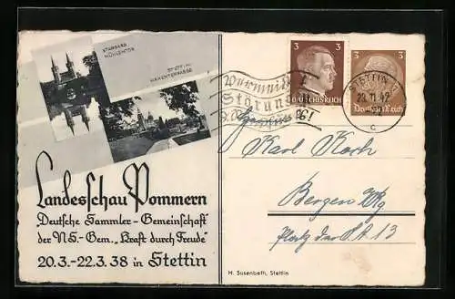 AK Stettin, Landesschau Pommern 1938, Mühlentor und Hakenterrasse, Ganzsache 3 Pfennig