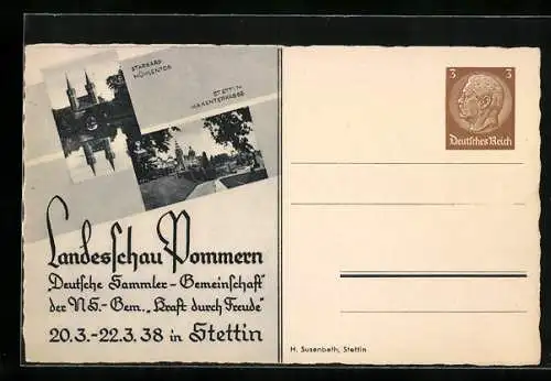 AK Stettin, Landesschau Pommern 1938 der NSG Kraft durch Freude, Hakenterrasse, Ganzsache 3 Pfennig