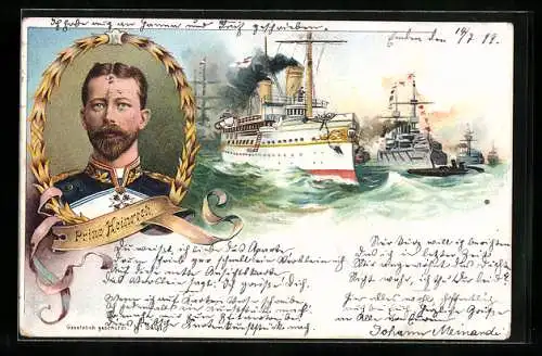 Lithographie Kriegsschiffe, Portrait des Prinzen Heinrich von Preussen
