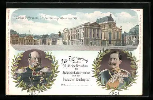 Lithographie Kaiser Wilhelm I., Schloss zu Versailles, Ganzsache 3 Pfennig