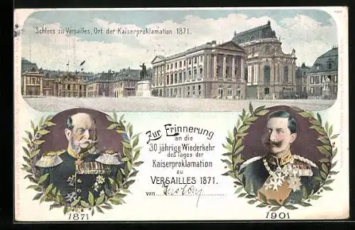 Lithographie Kaiser Wilhelm I., Schloss zu Versailles, Ganzsache 3 Pfennig