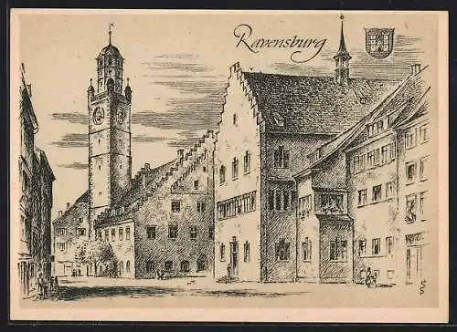 AK Ravensburg / Württ., Strassenpartie mit Wappen