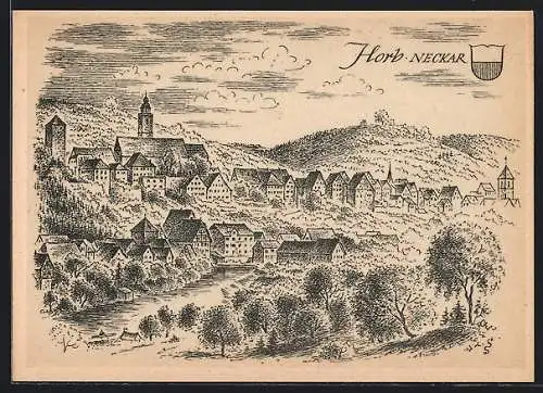 Künstler-AK Horb / Neckar, Ortsansicht, Wappen