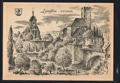 Künstler-AK Lauffen / Neckar, Ortsansicht Ortsansicht mit Regiswindiskirche und Pfalzgrafenburg