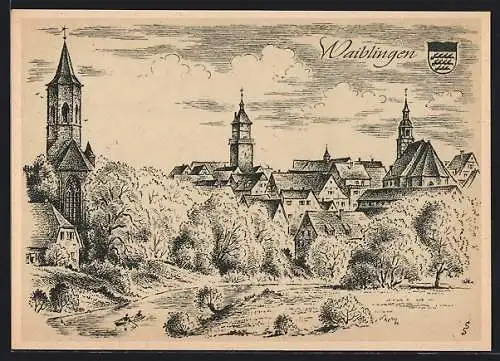 Künstler-AK Waiblingen, Ortsansicht mit Kirche, Wappen
