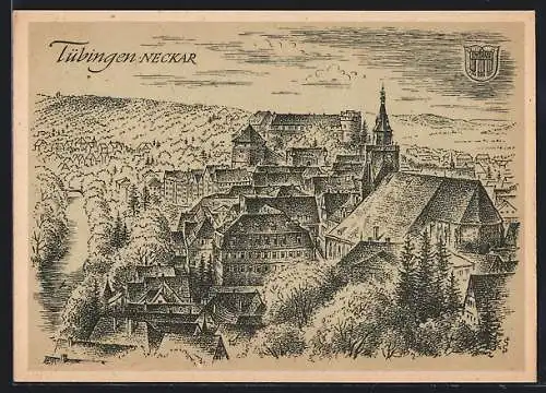 Künstler-AK Tübingen /Neckar, Ortsansicht mit Kirche