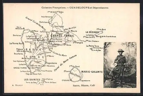 AK Guadeloupe, Karte der Kolonie und weiterer Dependencen, indigene Frau