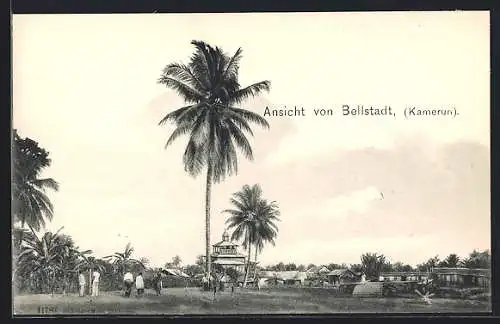 Lithographie Bellstadt, Ortspartie mit Palmen