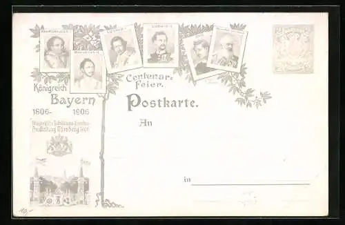 AK Nürnberg, Austellung 1906, Luitpold von Bayern, Otto, Ludwig II., Ganzsache Bayern 2 Pfennig