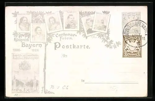 AK Nürnberg, Austellung 1906, Luitpold von Bayern, Otto, Ludwig II., Ganzsache Bayern 2+3 Pfennig