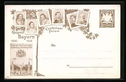 AK Nürnberg, Austellung 1906, Luitpold von Bayern, Otto, Ludwig II., Ganzsache Bayern 3 Pfennig