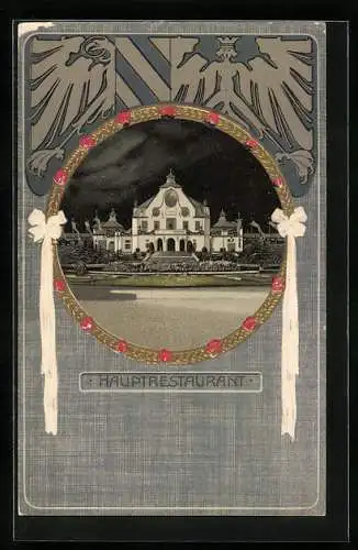 Präge-AK Nürnberg, Bayer. Jubiläums-Landes-Ausstellung 1906, Hauptrestaurant, Ganzsache Bayern 5 Pfennig