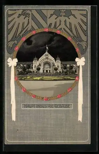 Präge-AK Nürnberg, Bayer. Jubiläums-Landes-Ausstellung 1906, Haupt-Industrie-Gebäude, Ganzsache Bayern 5 Pfennig