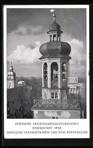 AK Darmstadt, Deutsche Ballonmeisterschaft 1935 mit Sonderstempel, Glockenspiel im Schloss